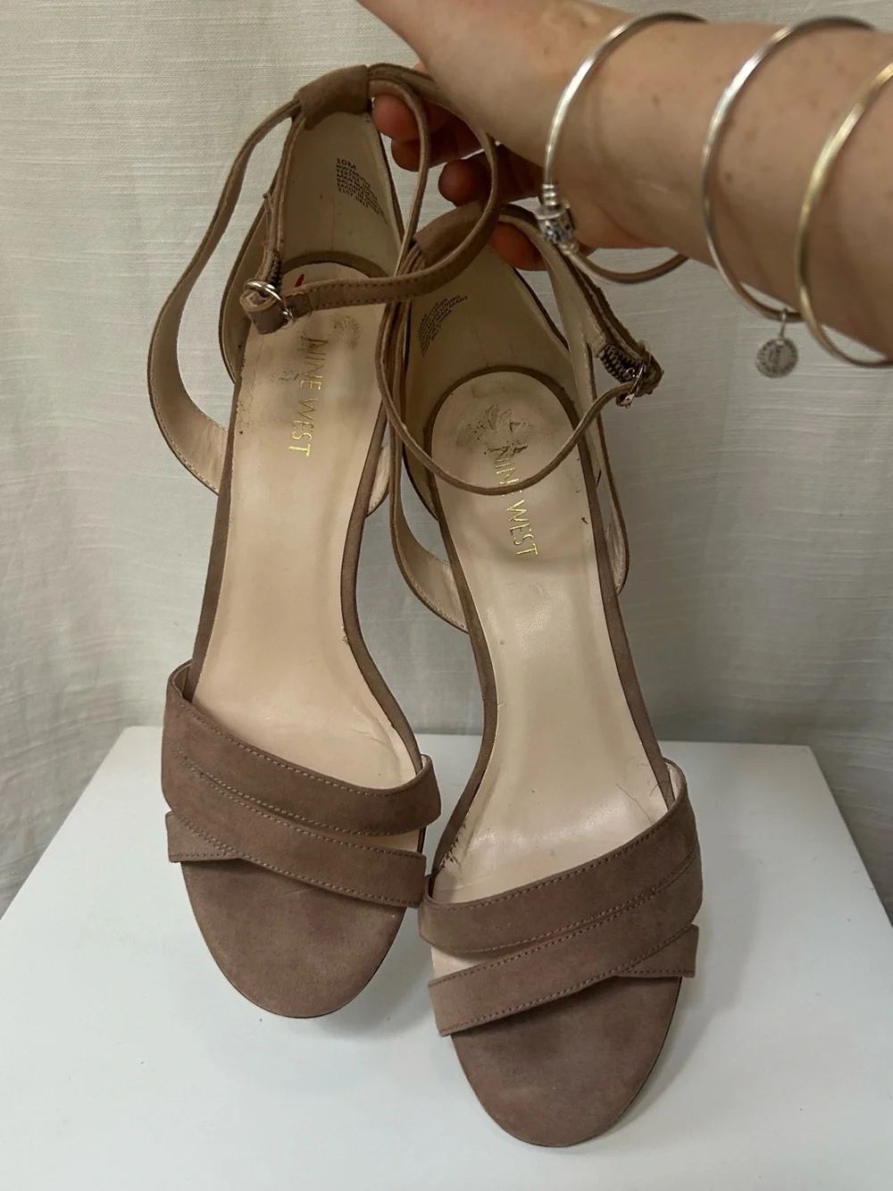 Nine West Neutral Taupe Brown Suede Ankle-Strap Wedges Sandals